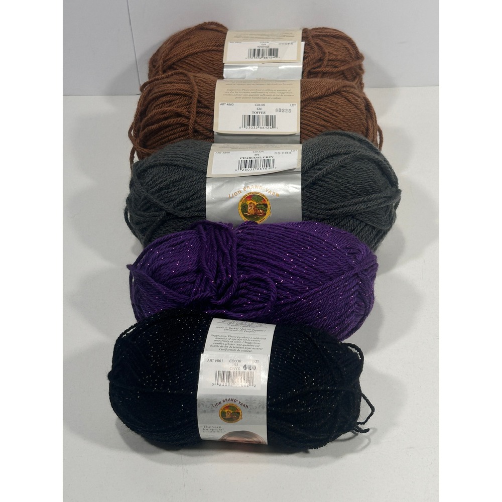 Lion Brand Yarn Vanna's Choice & Glamour Lot of 5 Toffee Grey Onyx Purple